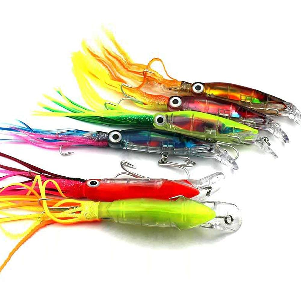 And Fishing Lure Hard Rod with Triple Floating Octopus Fishing Artificial Bait for Saltwater Marlin, Squid, Tuna, 6-color Set, 14cm, 40g, Hooks, Bait,