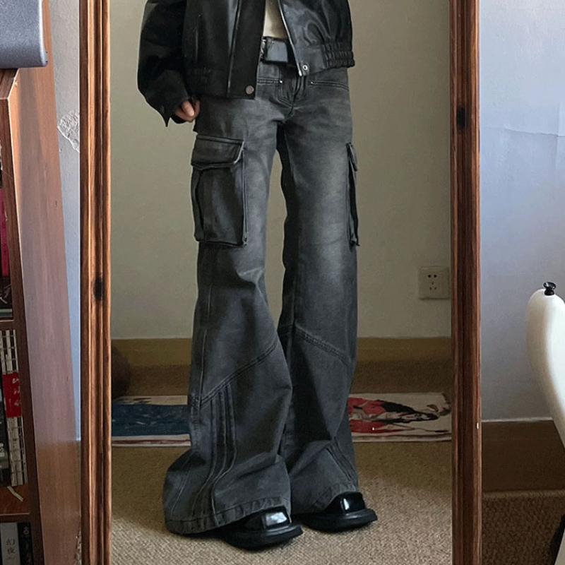 Amerikanska Retro Schlagbyxor Tvättad Svart Låg Midja Smala Utsvängda Jeans Dam Mode E-girl Mysiga Denimbyxor Hiphop High Street