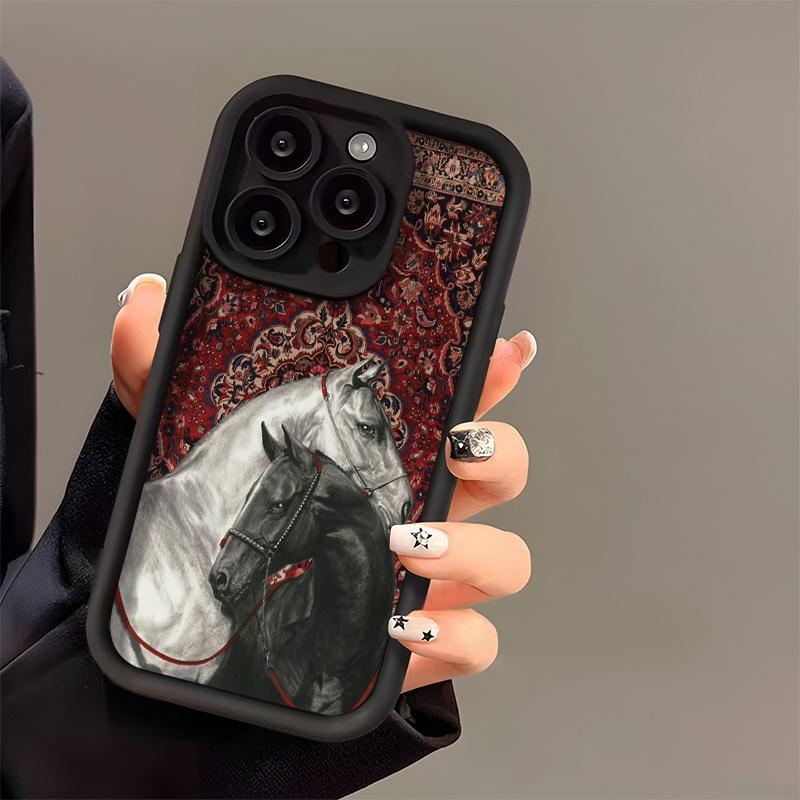 

Этнический узор с рисунком белой и черной лошади чехол для мобильного телефона, подходит для iPhone 16 15 14 13 12 11 Pro/ Max/Plus противоударный For iPhone 14