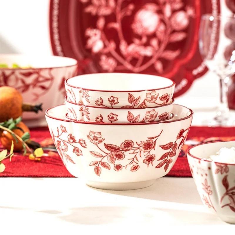 Ceramic Tableware Flower Pattern Bowl Plate Dish Dinner Plate Bread Dish Party Home Dinnerware Table Decoration Kitchen Utensils