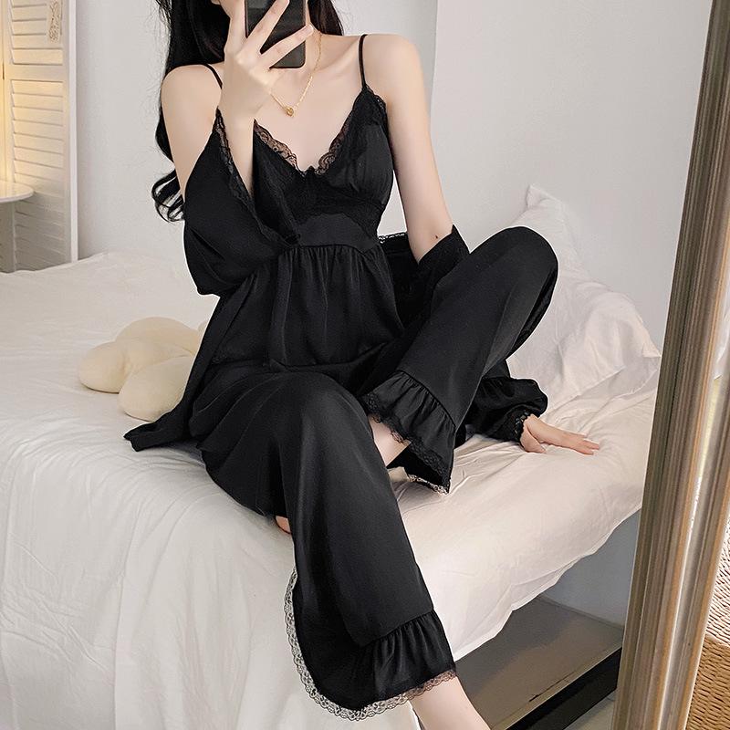 Ruth's Ice Silk V-Neck Pajamas: Women's High-End Spring/Summer Three-Piece Set for Home or Out.