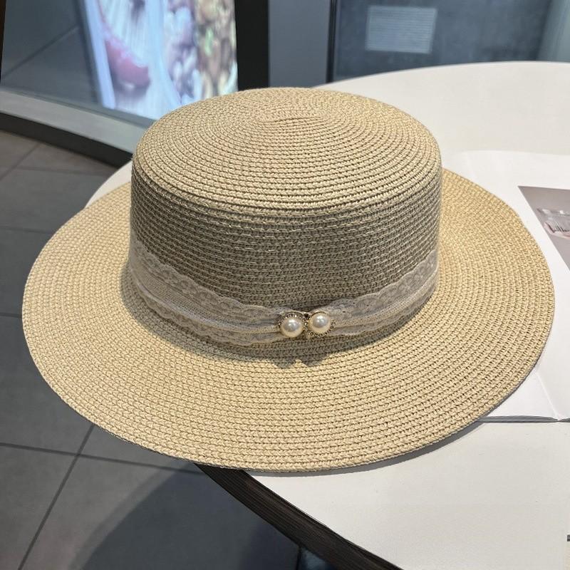 Classic Straw Hat With Pearl Lace Band For Sun Protection And Beach Vacation