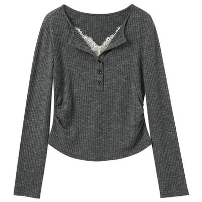 Sancai Zweiteiliges Aussehen Spitze Patchwork Langarm T-Shirt