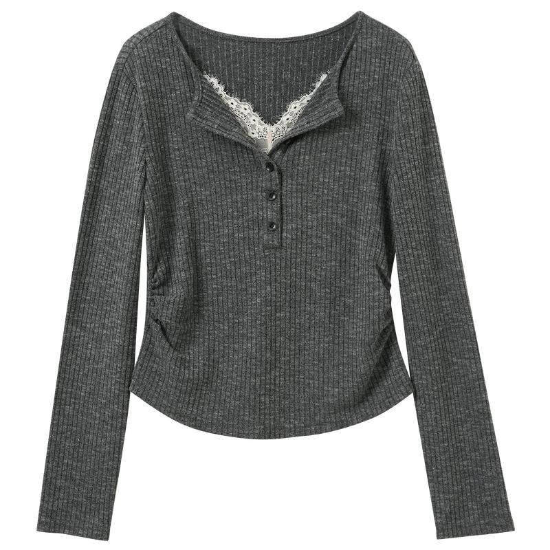 Sancai Faux Two-Piece Lace Patchwork Long Sleeve T-Shirt M