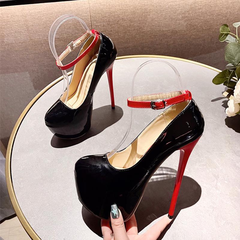 2025 New Black Red High Heels Women Pumps Spring Fashion Round Toe Buckle Strap Platform Stiletto Wedding Banquet Shoes