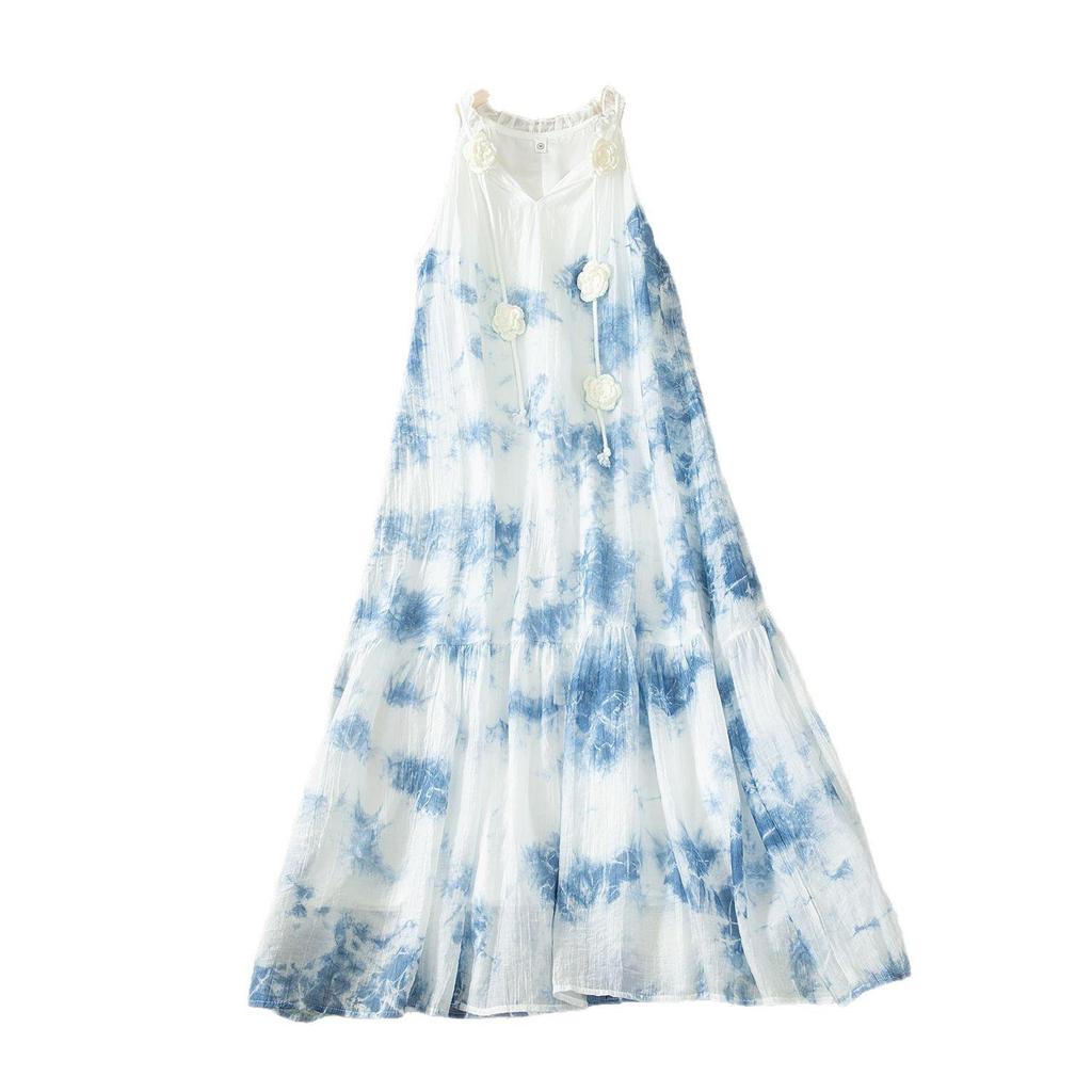 Yunnan Tie-dye Halter Neck V-neck 3D Flower Summer Dress with Wide Hem Skirt for Women