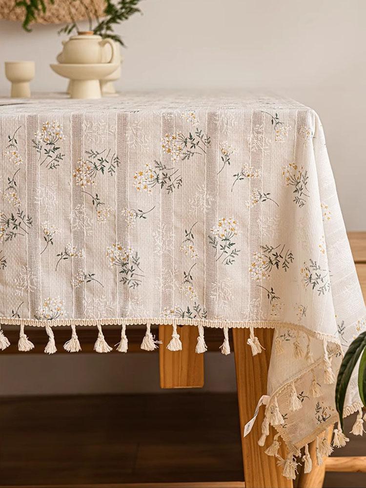 Korean Style Daisy Tassels Cotton Floral Tablecloth,Tea Table Decoration,Rectangle Table Cover For Kitchen Wedding Dining Room
