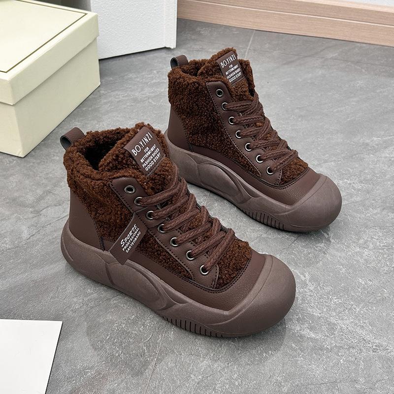 Women's Boots Winter Warm Lamb Wool High-top Vulcanized Shoes Round Toe Soft Sole Fashion Women's Shoes Comfortable Work Shoes