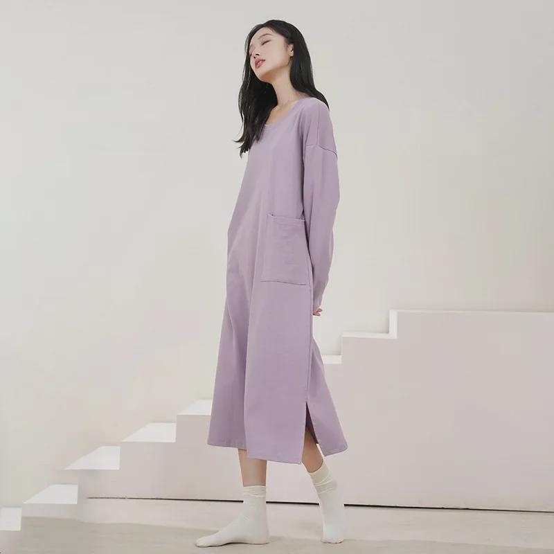 "High-End Striped Long-Sleeve Nightdress with Chest Pad for Women - Over-the-Knee, Large Size, Cotton, Spring to Summer"