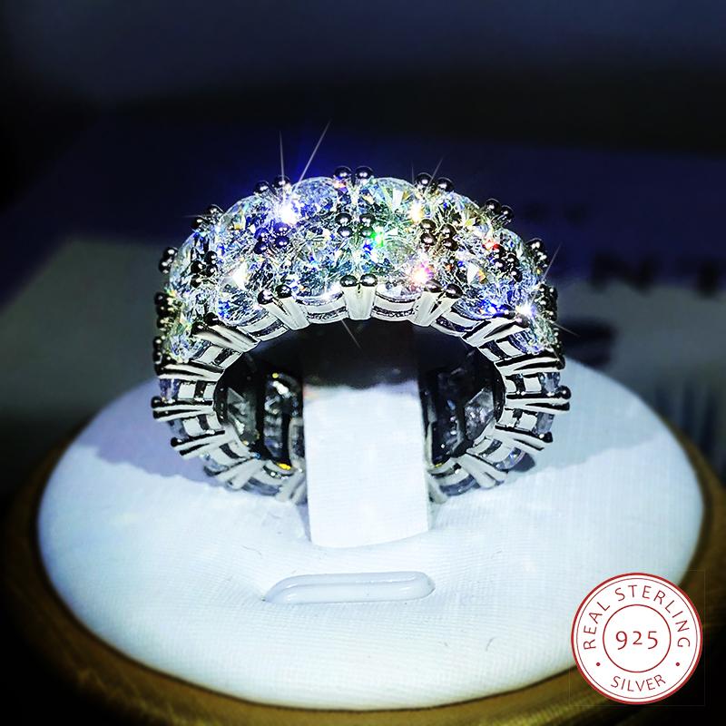 

925 Sterling Silver Luxury Double Row White Zircon Ring For Ladies Wedding Party Birthday Fashion Jewelry Gift 8