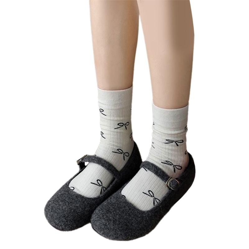 Sweet Girls Elegant Bowknot Pattern Cotton Crew Socks for Women Breathable Casual Fashion Student Middle Calf Socks