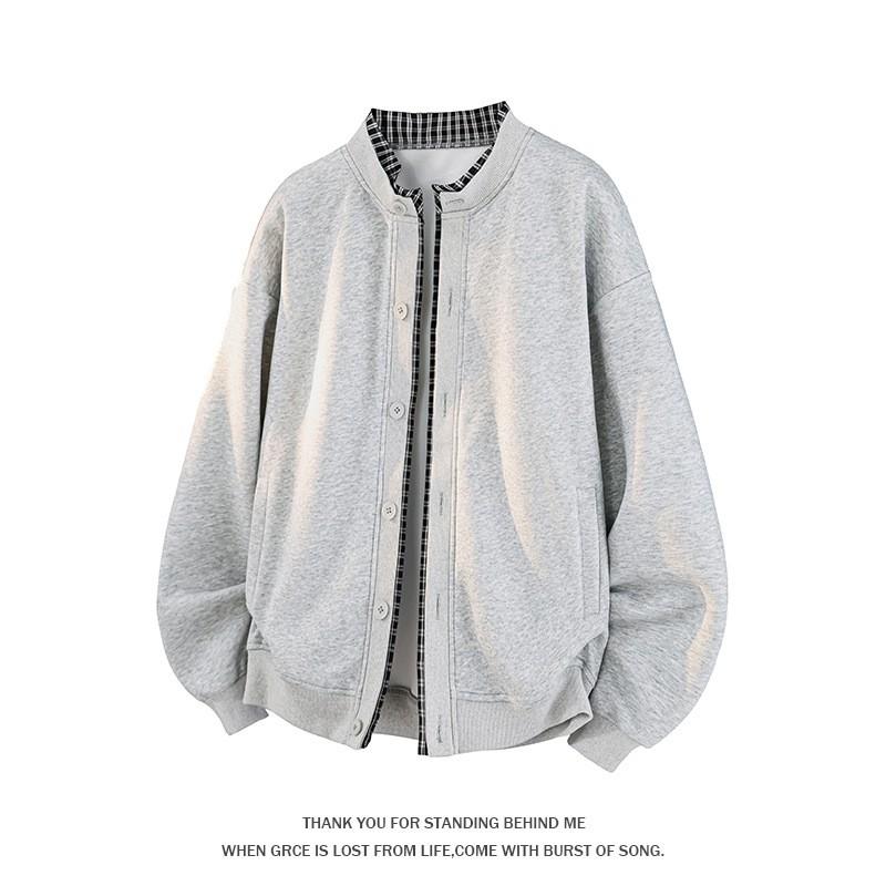 Mens Oversized Plaid Fake Two-Piece Hoodless Cardigan Jacket Fall Casual Outerwear