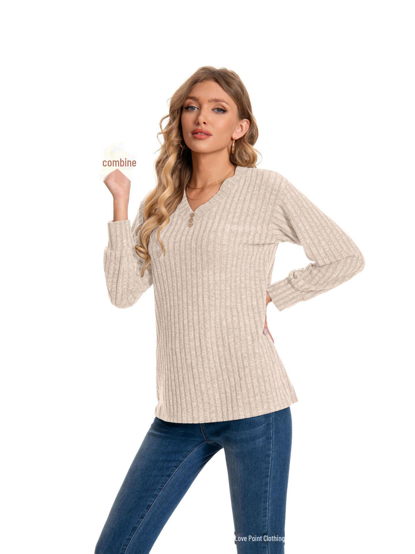 

Женские топы с V-образным вырезом и длинными рукавами в рубчик 2024 года — европейская и американская мода осень/зима XL абрикосовый