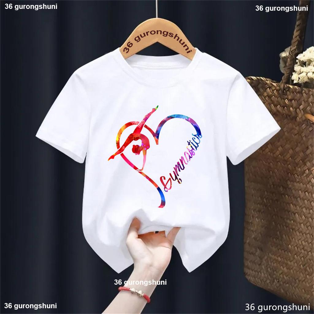 Fashion Watercolor Gymnastics Print T-Shirt Girls Dance Girl Clothes Kids T Shirt I Love Gymnastics Girls Clothes Summer Tshirt