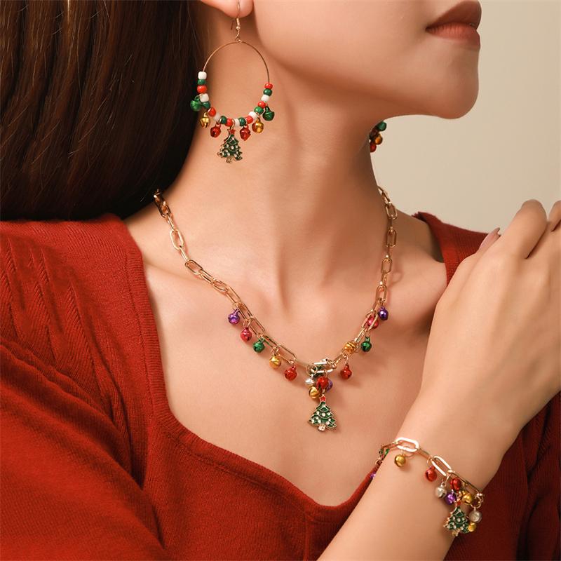 Fashion Christmas Tree Colorful Bells Pendant Necklace Bracelet Earrings for Women Festival Party Jewelry Set New Year Gift