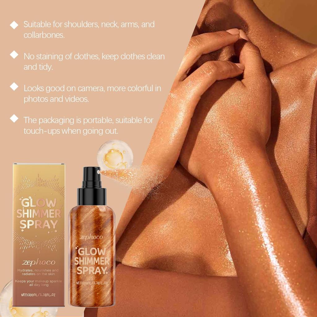 Zephoco Body Glitter Spray Glow Skin Illuminator High Gloss Quick-Drying Highlighter Makeup Cosmetics Bronze Body Shimmer Spray