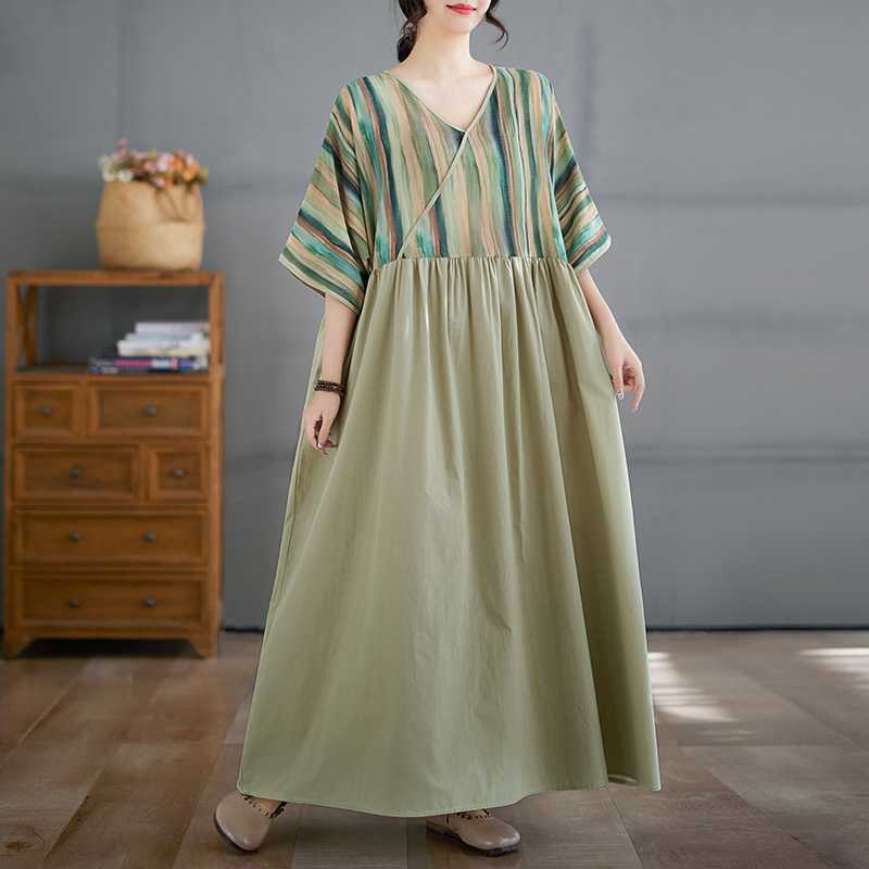Cotton and Linen Summer Patchwork Retro Style Dress Long Skirt