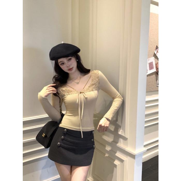 Threaded Pure Desire Lace Patchwork Sexy Apricot Long Sleeve Women's Slimming Winter Top