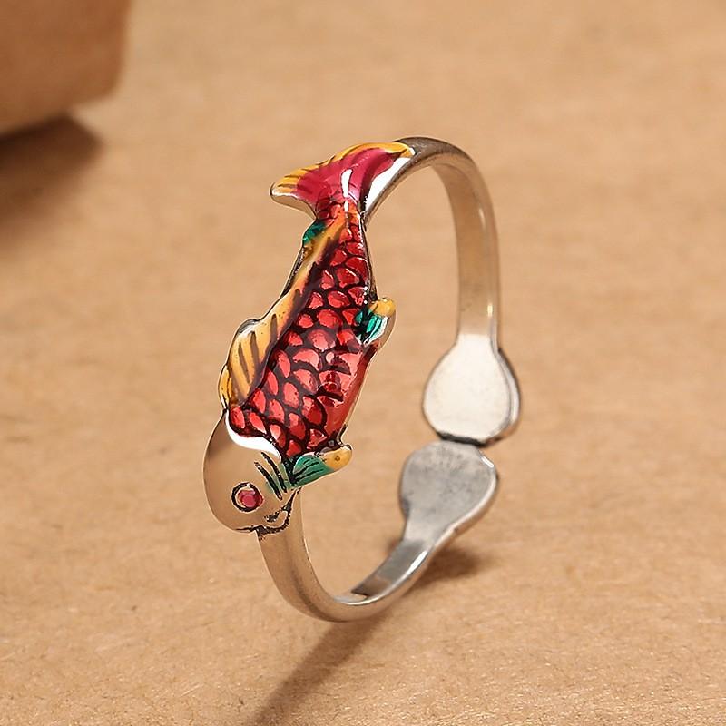 Adjustable Open Ring Women Men Vintage Koi Fish Design Copper Statement Jewelry Retro Boho Style
