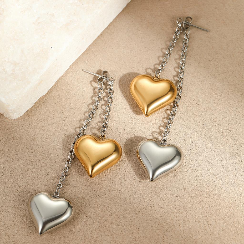 GEMCHIC Women's Two-Tone Heart Drop Earrings Stainless Steel 18K Gold Plated Long Chain Dangle Jewelry