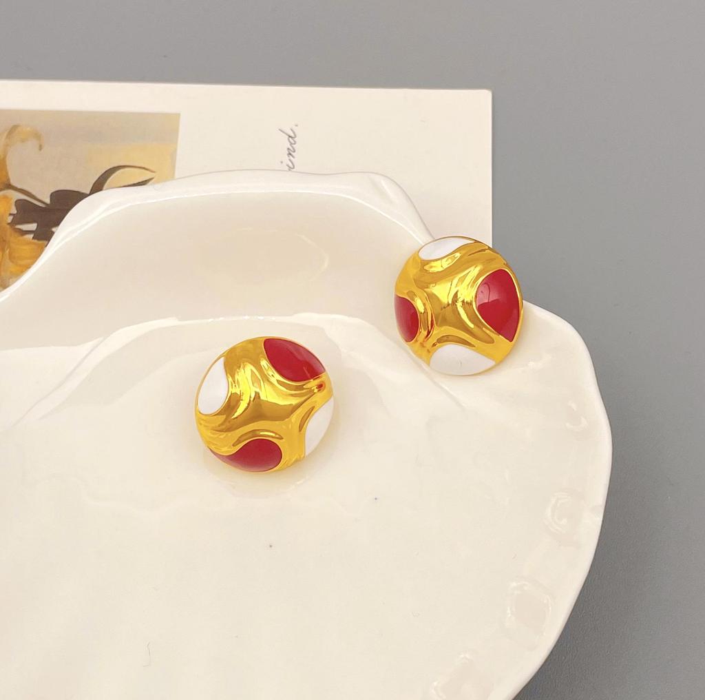 18k Gold-Plated Vintage Enamel Round Earrings with 925 Silver Posts
