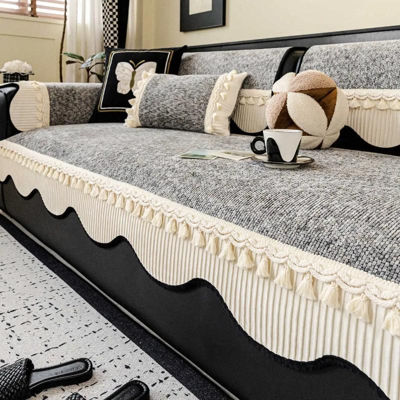 1Pc Chenille Sofa Cushion Tassels Soft Luxury Couch Slipcover Non-Slip All Seasons Universal Sofa Mat Pad For Living Room Decor