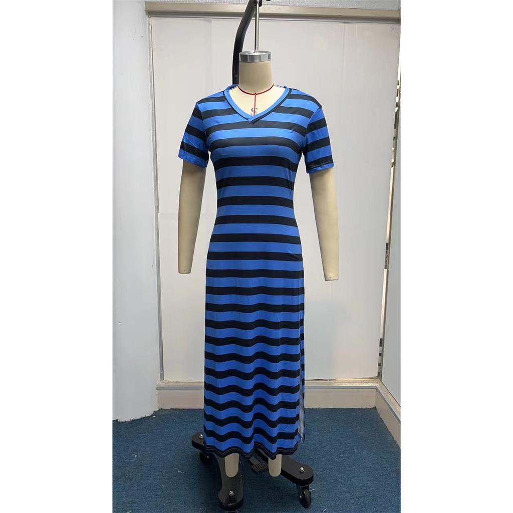 Women's Dress Short-sleeved V-neck Loose Striped Print Slit Long Dress