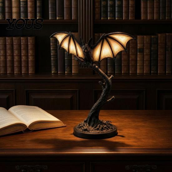 Gothic Resin Table Lamps Bat Tree Branch Night Light, Halloween Tabletop Decor Lamp Indoor Decorative Lighting with Warm Glow, Spooky Desk Ornament