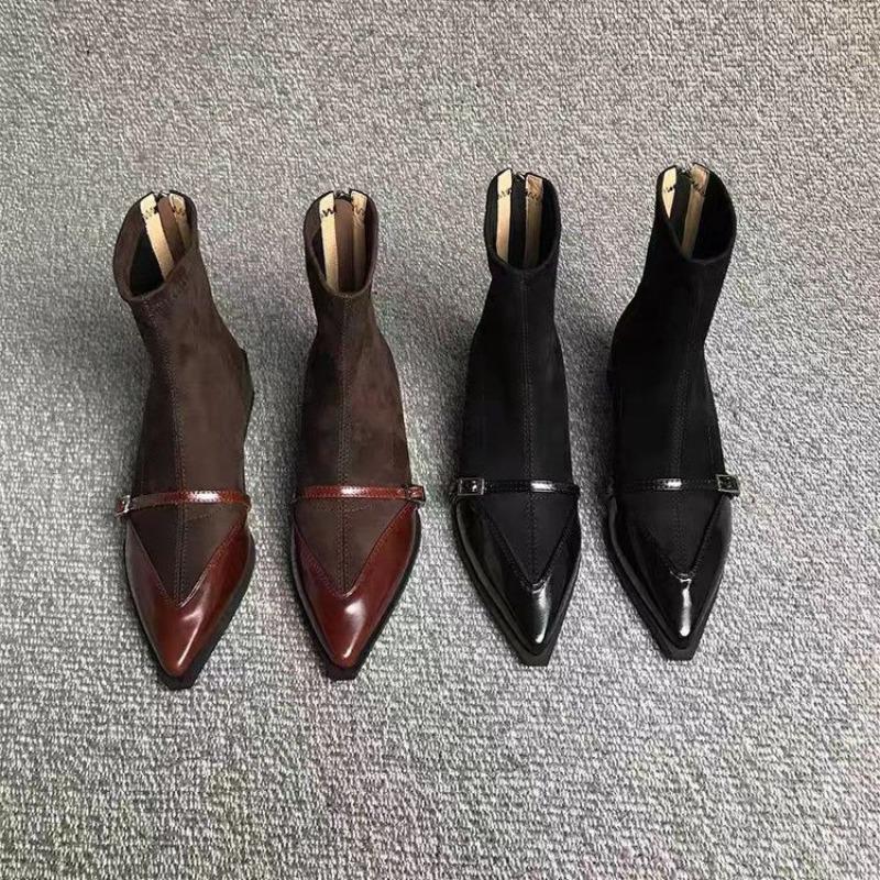 2025 New Patchwork Boots Autumn Women's Versatile Fashion Pointed Toe Thick Heel Niche Design Zipper Short Boots 35--40 Size