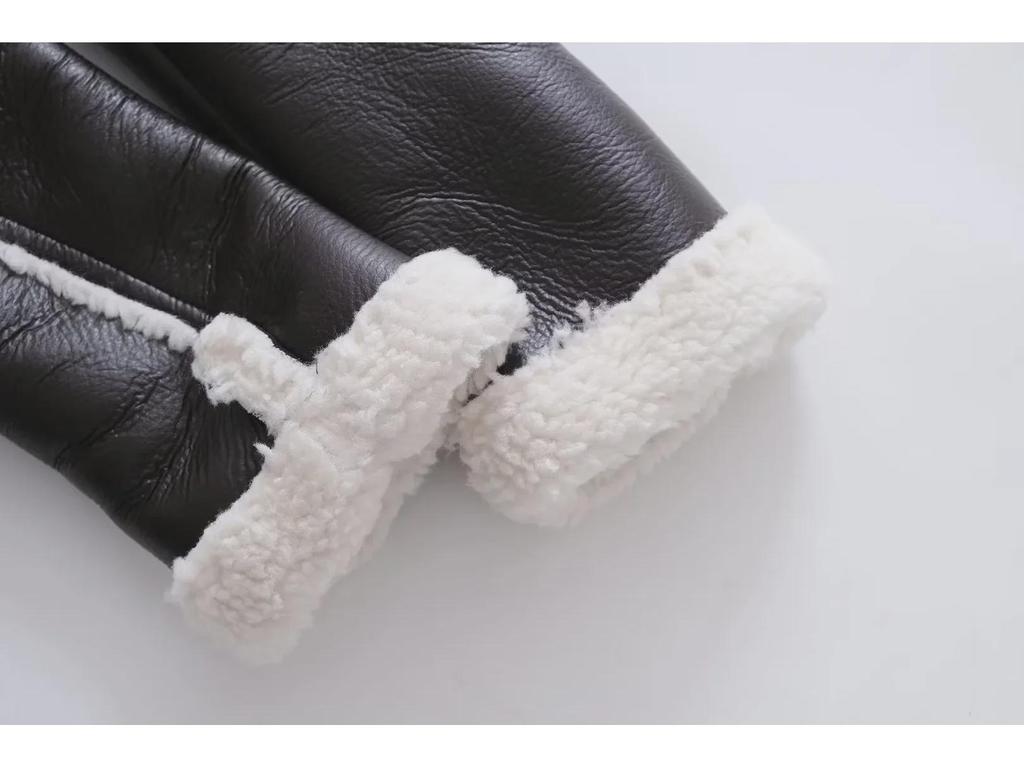 2023 Black Leather and White Fur Short Motorcycle Jacket - Autumn/Winter Street Style