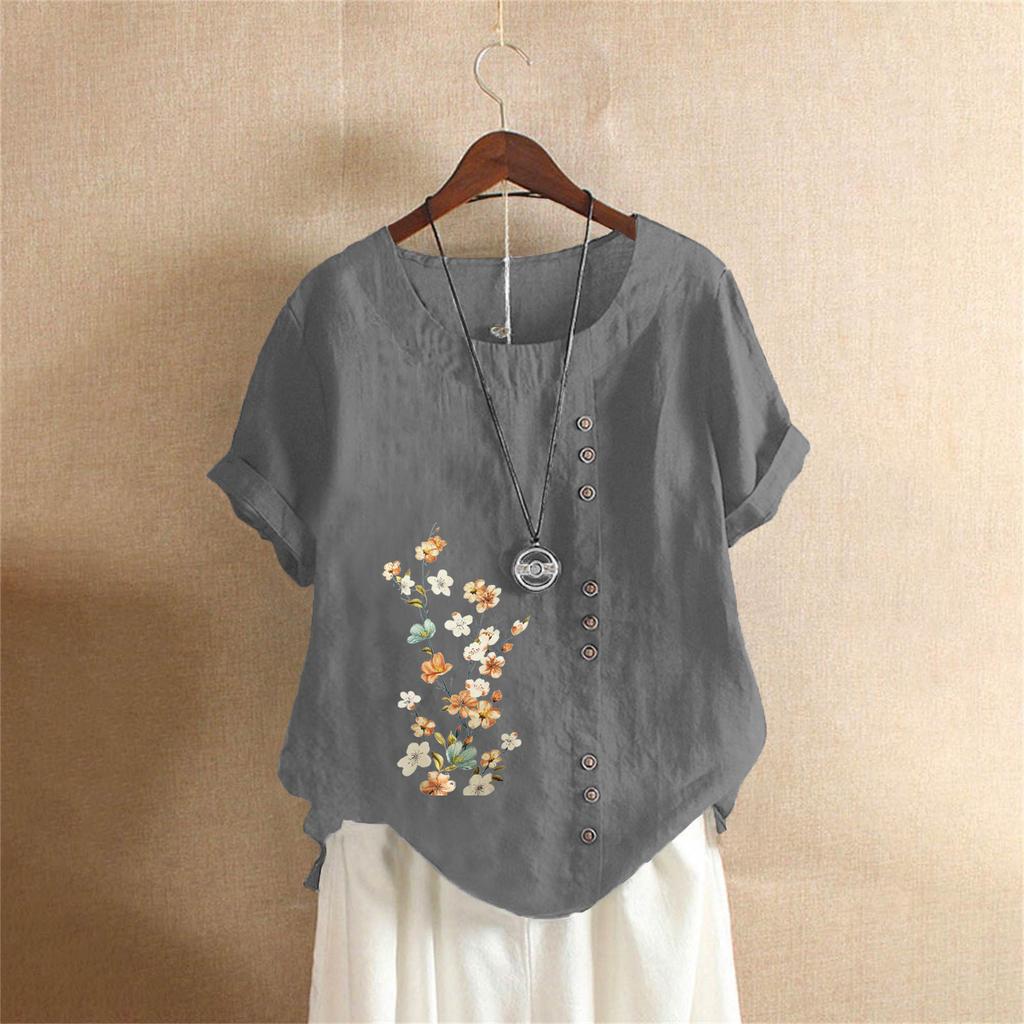T-shirt Estiva Oversize in Cotone e Lino a Maniche Corte, Abbigliamento Donna Oversize Stampato in Cotone e Lino