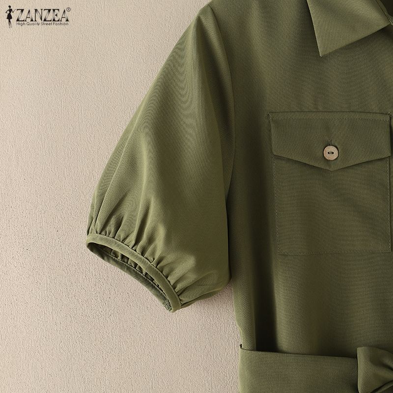 ZANZEA Women Casual Turn Down Collar Solid Color Short Sleeve Dress