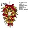 Holiday Wreath with Red Berries Christmas Teardrop Swag LED Lights Artificial PE Pine Hanging Decoration Lighted Door Bow Pinecones for Front