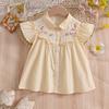 Kids 100% Cotton Fly Ruffle Sleeve Blouse 2-8 Years Floral Embroidery Doll Collar Girls Button Shirt Summer Casual Tops