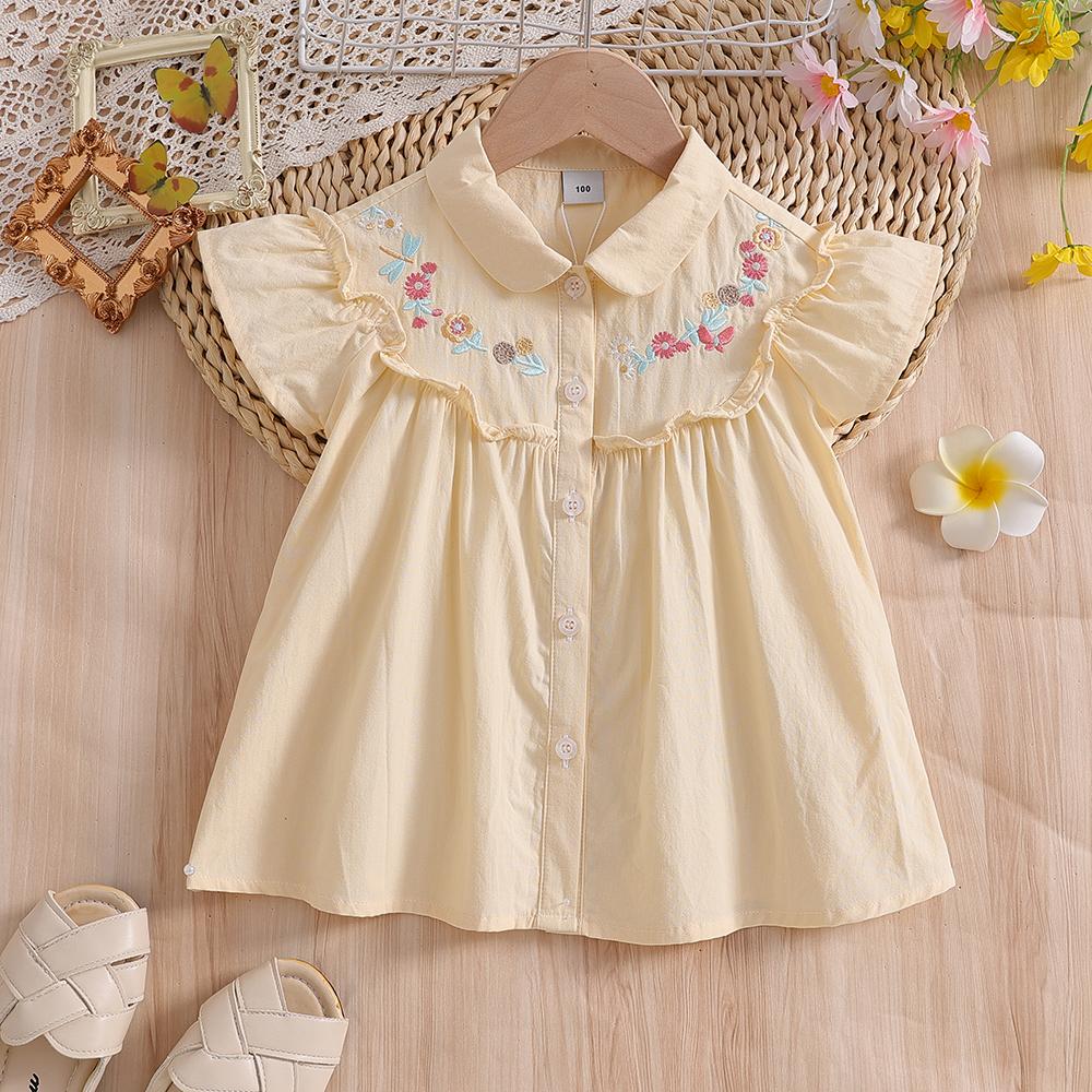 Kids 100% Cotton Fly Ruffle Sleeve Blouse 2-8 Years Floral Embroidery Doll Collar Girls Button Shirt Summer Casual Tops