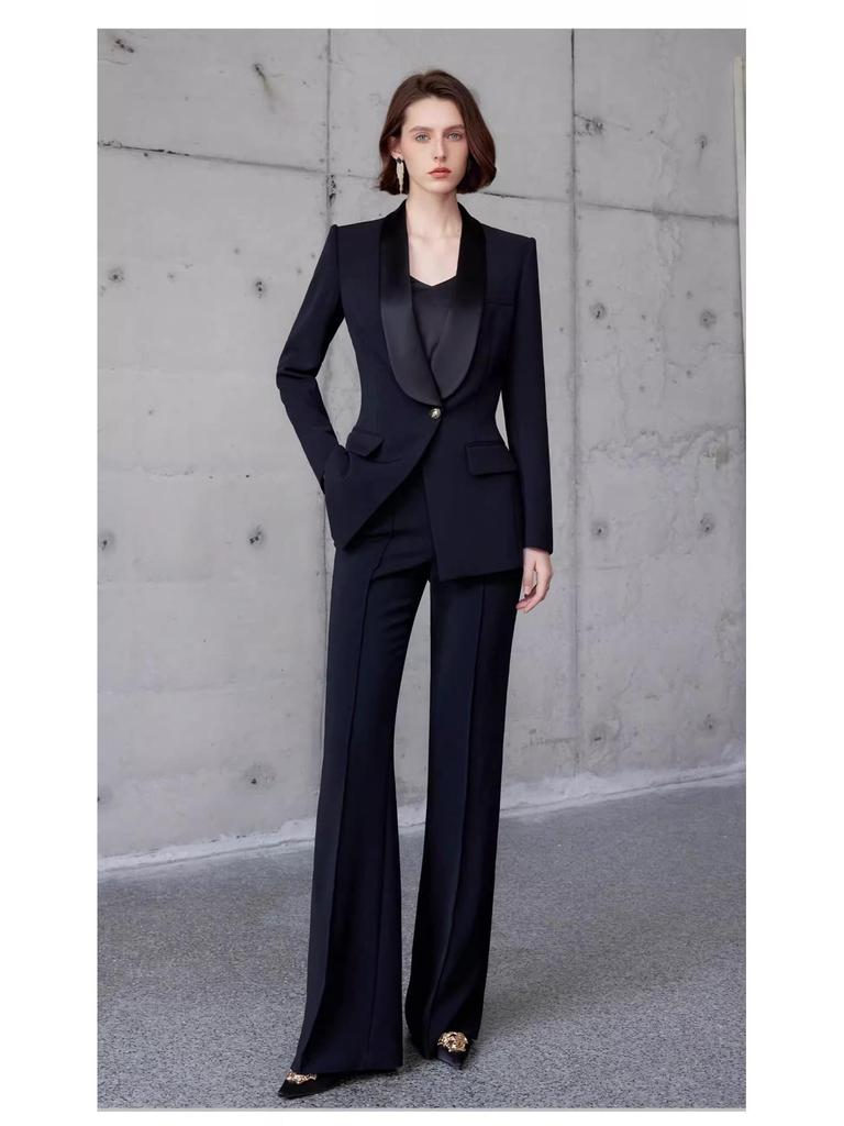 Women's Presidential Style Acetate Pantsuit: High-End, Professional, Slimming, Wide-Leg Two-Piece Set.