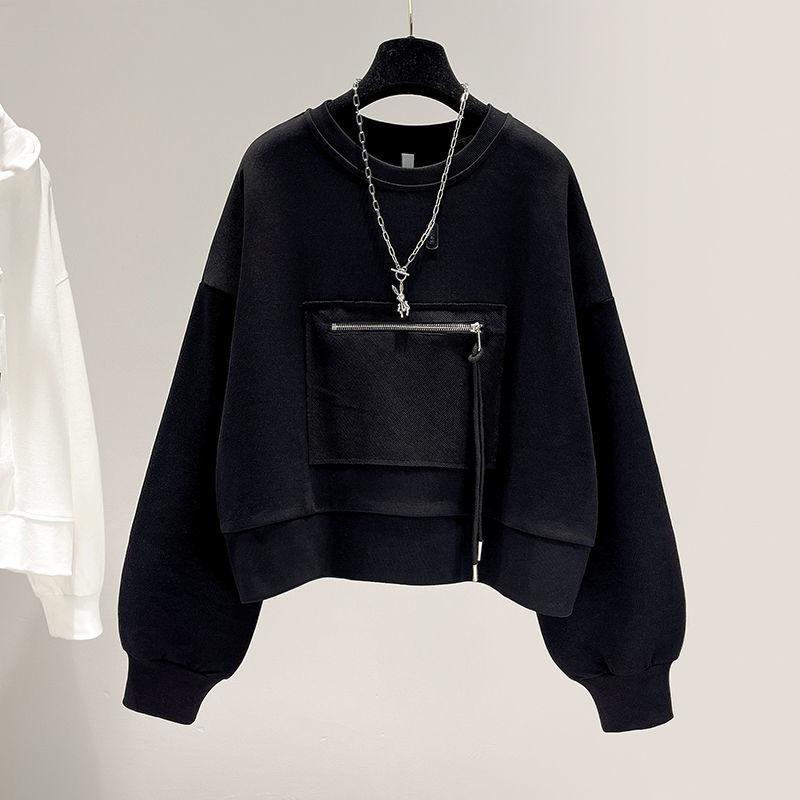 Autumn Round Neck Hoodies Women Loose Zipper Pocket Pullover Sweatshirts Long Sleeve Top