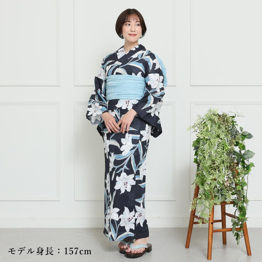 Kyoto Kimono Yuzen Women's Two-Piece Floral Yukata Set with Obi (Heko Obi) (Navy with Lilies)