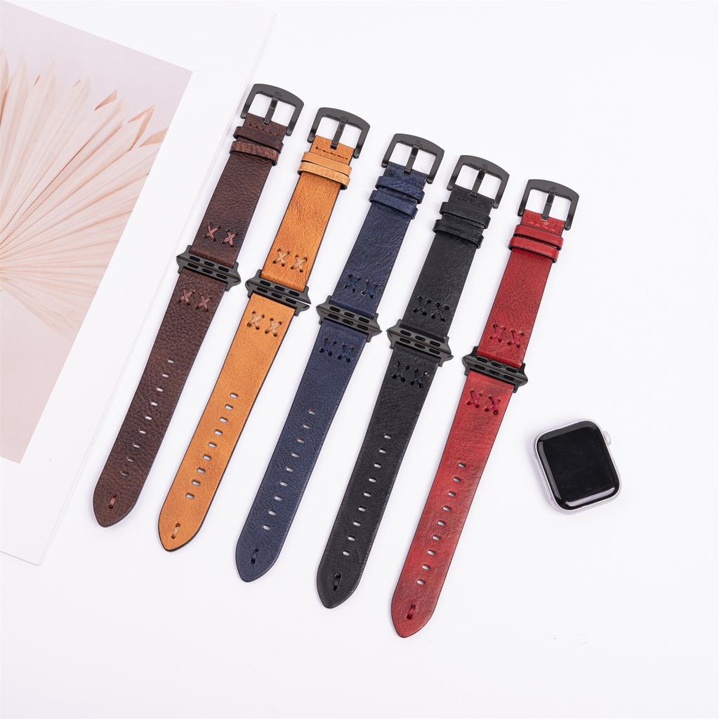 Watch Strap for Apple Watch Series 10 Ultra 9 8 7 SE 6 5 4 3 2 1 46mm 49mm 45mm 44mm 42mm Hand Stitched Lines Genuine Cow Leather Band