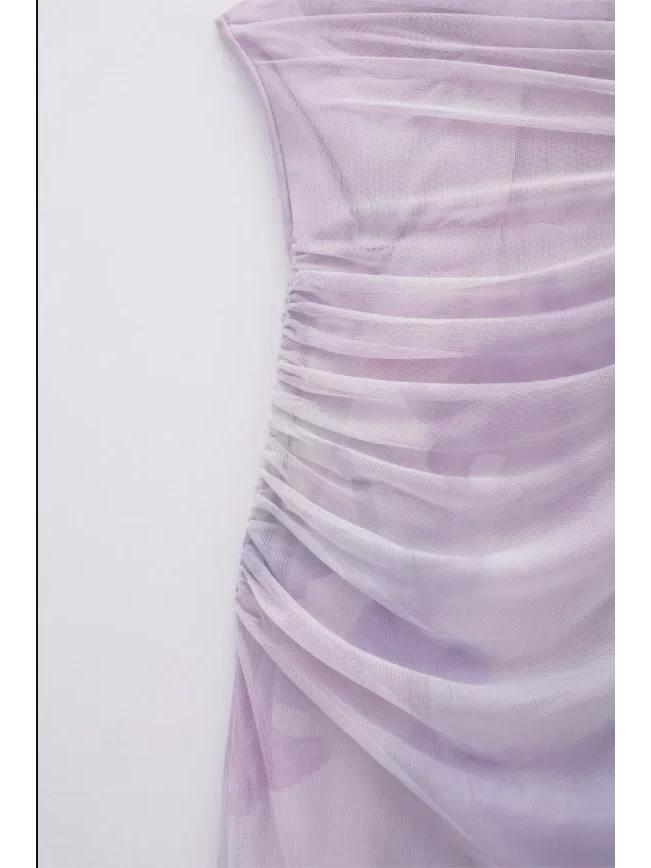2024 Summer Lavender Pleated Tulle Slim Suspender Dress