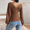Ladies Casual Fashion V-Neck Puff Sleeve Cable Knit Long Sleeve Top