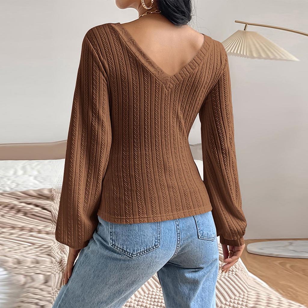 Ladies Casual Fashion V-Neck Puff Sleeve Cable Knit Long Sleeve Top