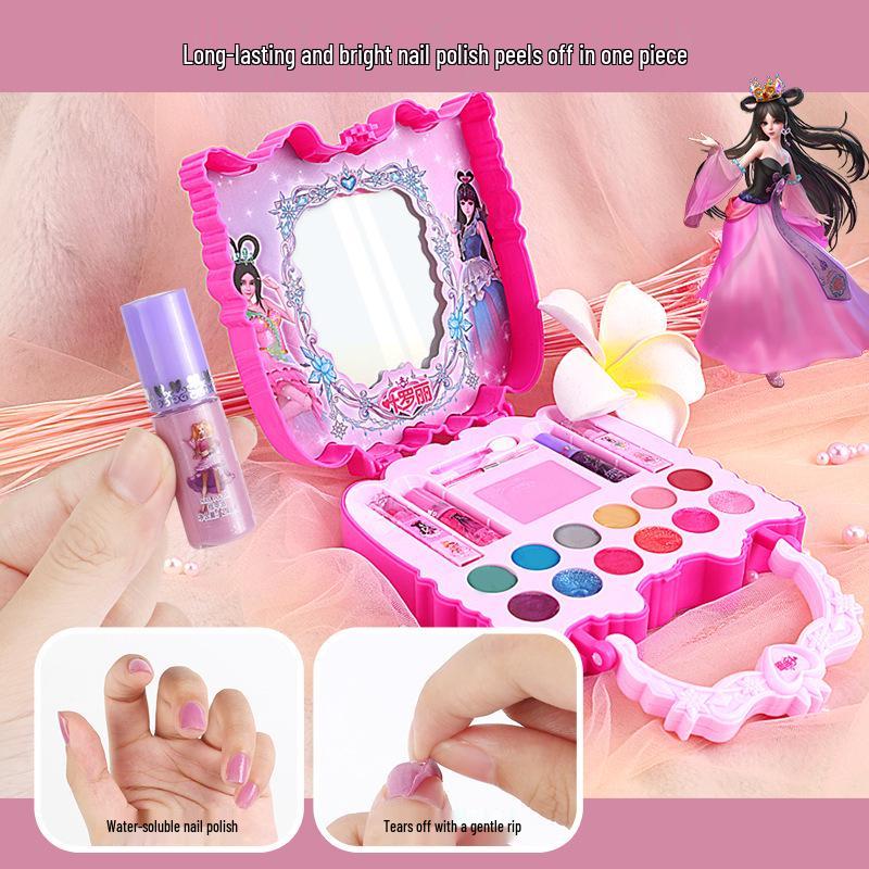 

Набор детской косметики Ye Luoli: Лак для ногтей, расческа, набор для переодевания, помада, бальзам для губ и чемоданчик для игр.