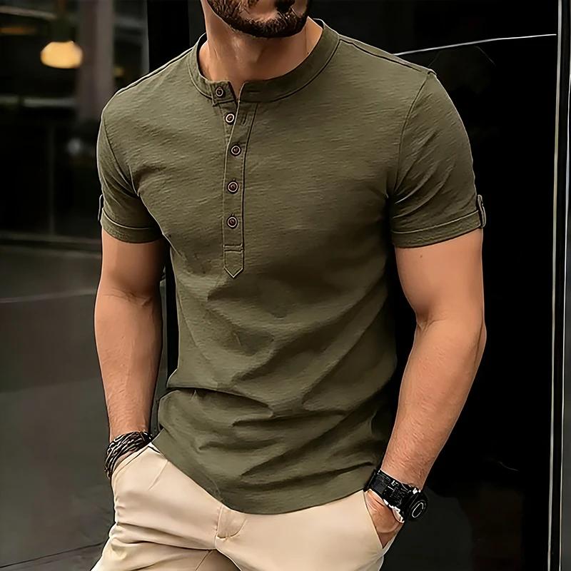 

2026 Summer Men Short Sleeve T Shirt Henley Collar Casual Slim Basic Tee Lightweight Breathable Soft Comfortable All Match Daily Tops XXL
