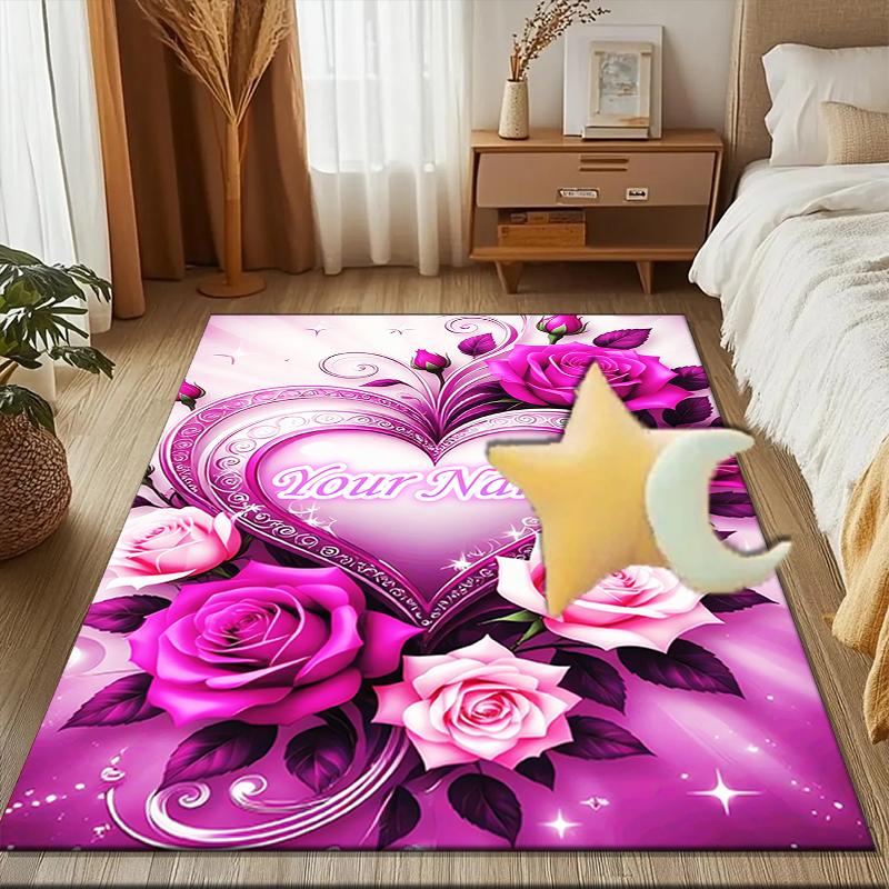 1PC Custom Name Love Roses Heart Theme Floor Mat Ideal for Living Room, Game Rooms, Office, Bedroom, Floor Mat Playful Design