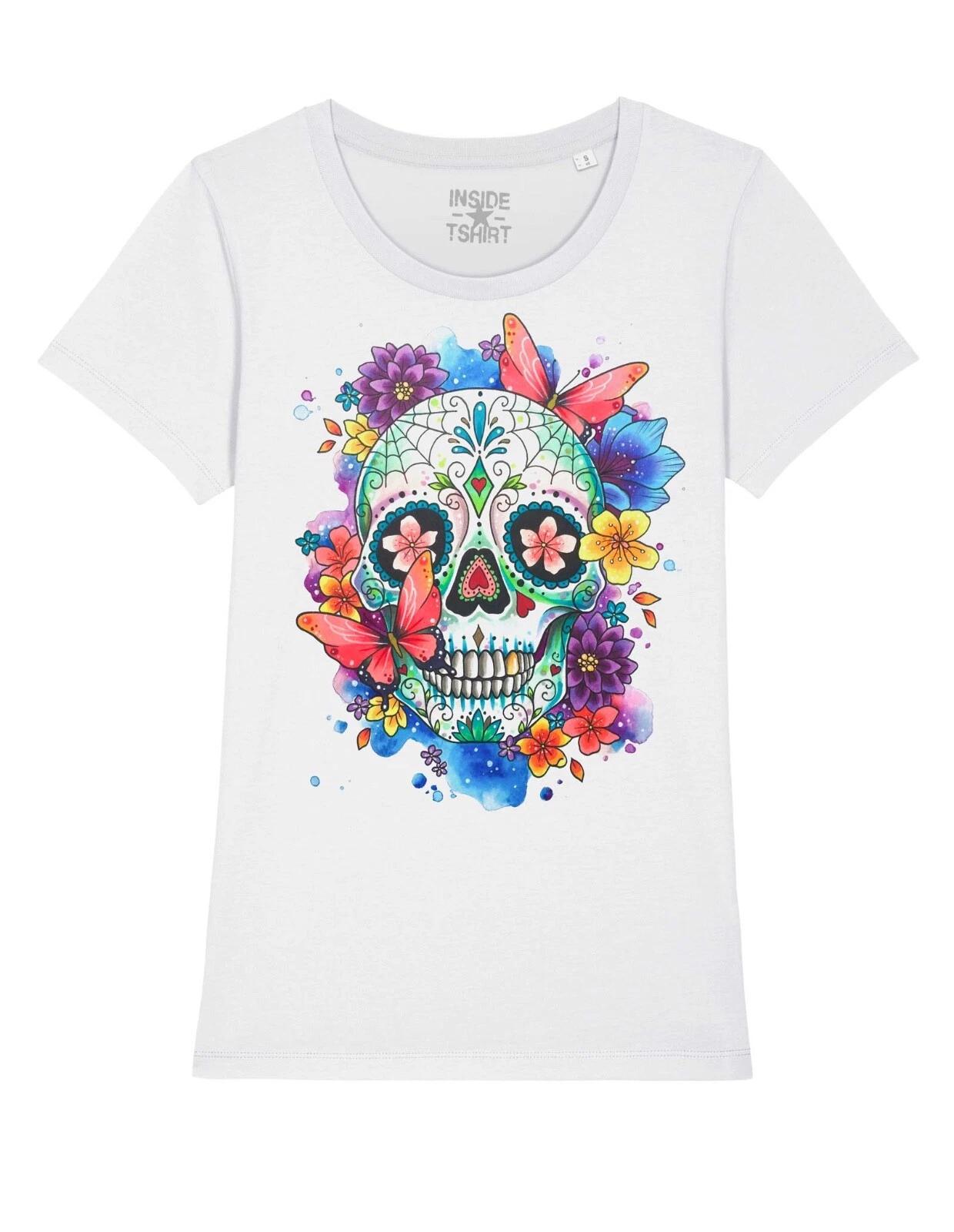 Mexican Skull T Shirt Flowers Butterflies Watercolor Sugar Skull T-Shirt Girl L