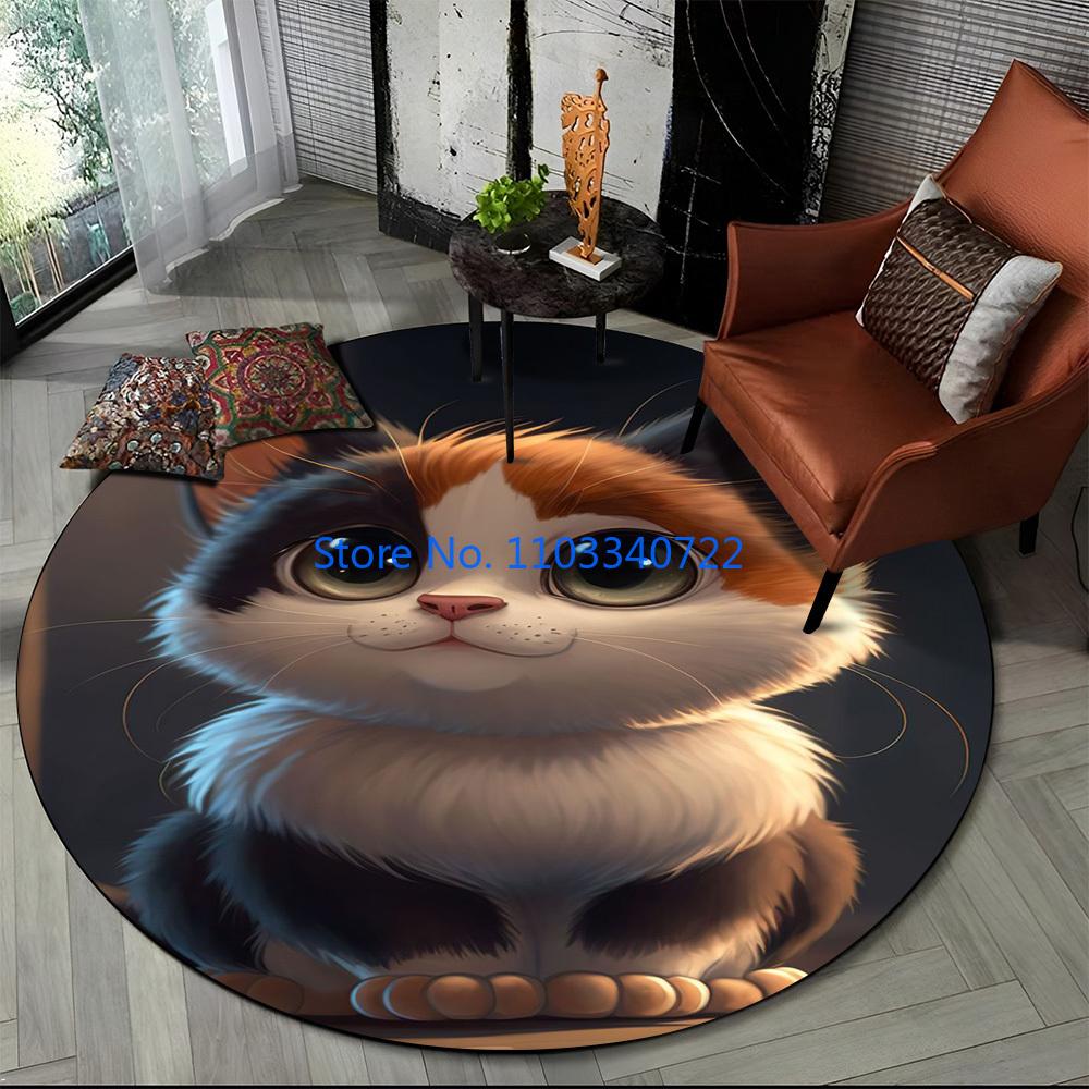 Cute Calico Cat Persian Cat Ragdoll Rug Round Carpet 120cm Crawling Game Non-slip Floor Mat for Kids Bedroom Living Room Decor