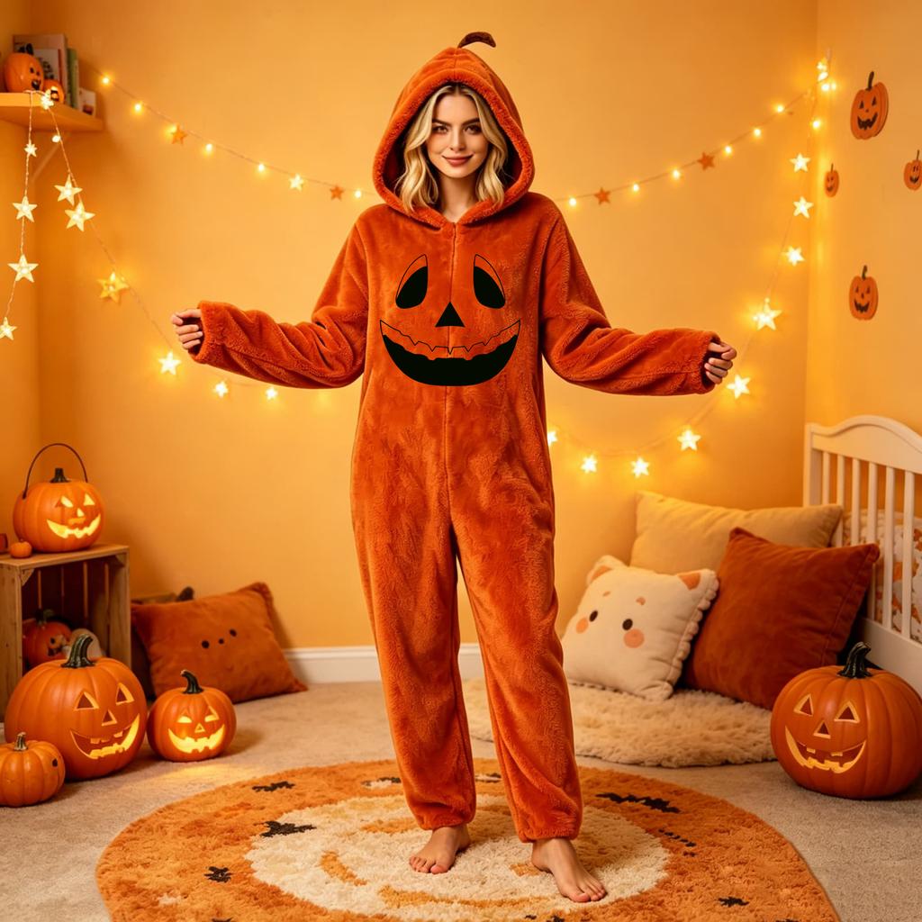 Dames Halloween Print Flanellen Jumpsuit Loungewear Set voor Gezellige Huis Slaapkleding