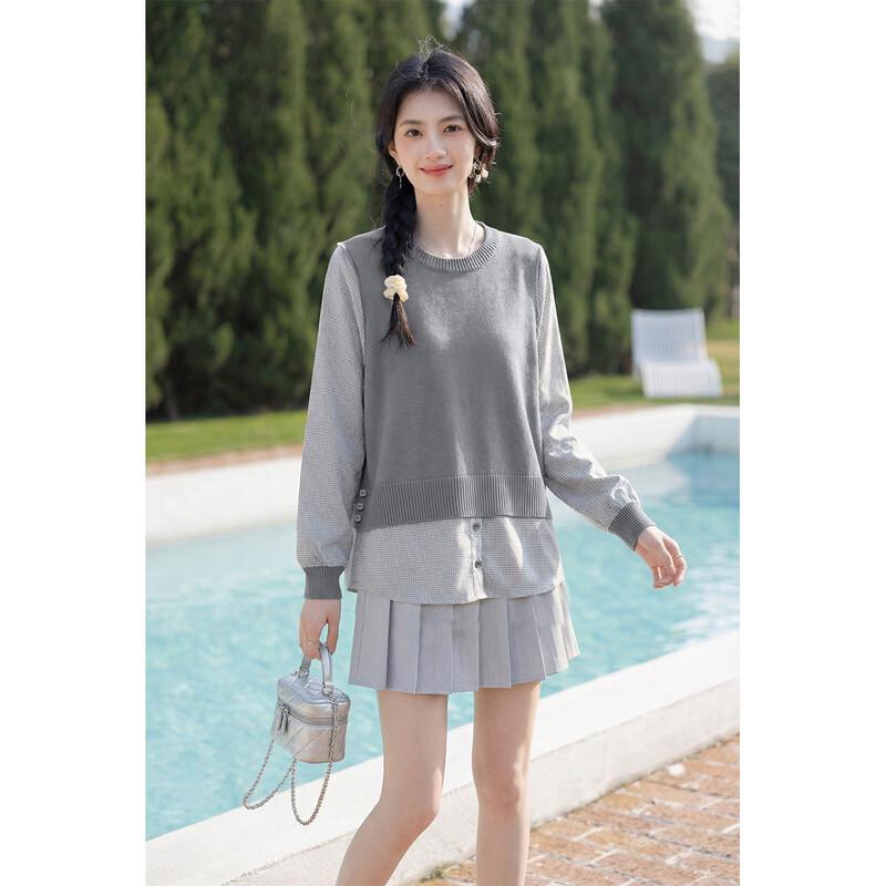 Mokana Women's Faux Two-Piece Spliced Long Sleeve Knit Shirt