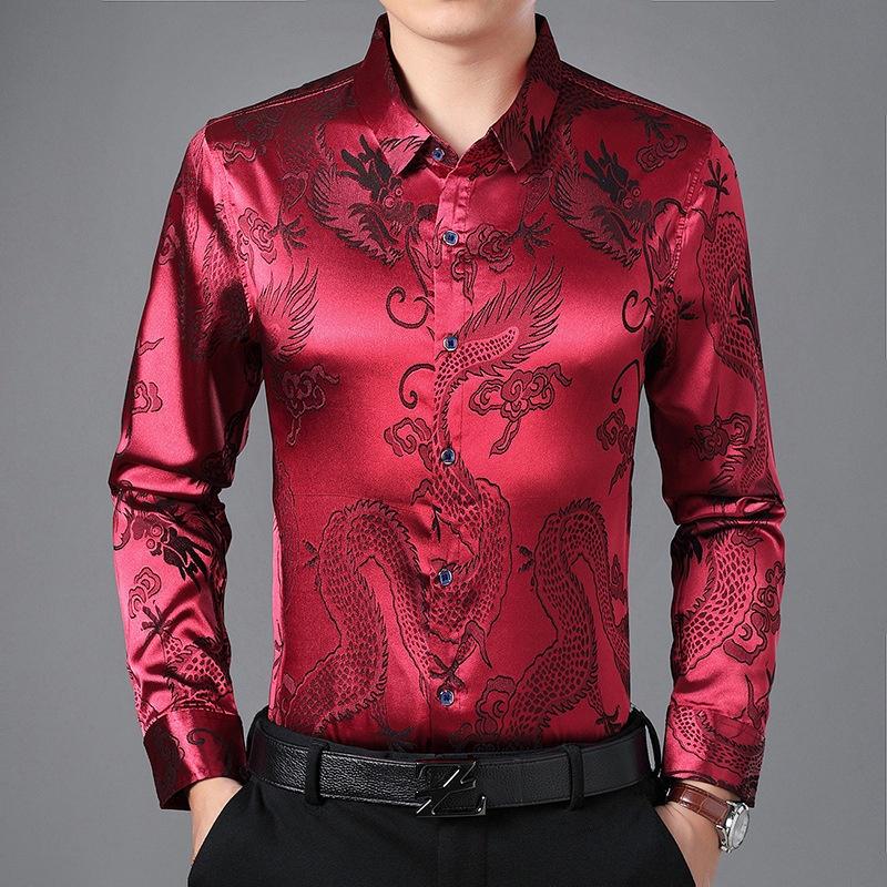Cămașă de rochie pentru bărbați Cămăși din satin din imitație de mătase Dragon chinezesc Business Formală Bluză cu mânecă lungă Topuri casual